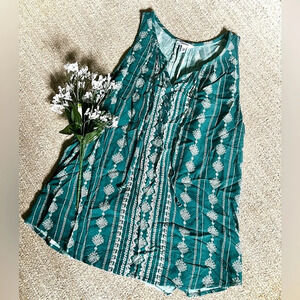 Sonoma Teal Printed Tie Neck Tanp Top - Small